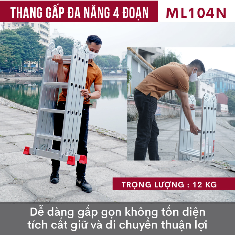 Thang nhôm gấp 4 đoạn đa năng FUJIHOME ML104N, cao chữ A 2.2m - chữ I 4,4 mét ,14 tư thế sử dụng , chốt khóa tự động, chân chống trơn trượt- Hàng chính hãng