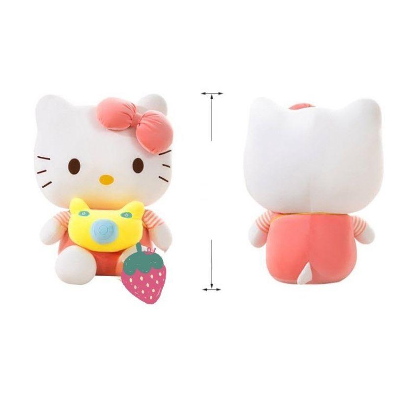 BÔNG KITTY/ GẤU BÔNG HÌNH KITTY CHO BÉ MẪU KITTY ĐEO MÁY ẢNH MẶC ÁO ĐI DU LỊCH SIZE 35CM (trái dâu tây)