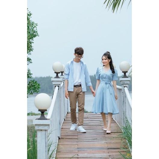 Set áo đôi sơ mi đầm cột eo màu xanh phong cách nhẹ nhàng dành cho các cặp tình nhân