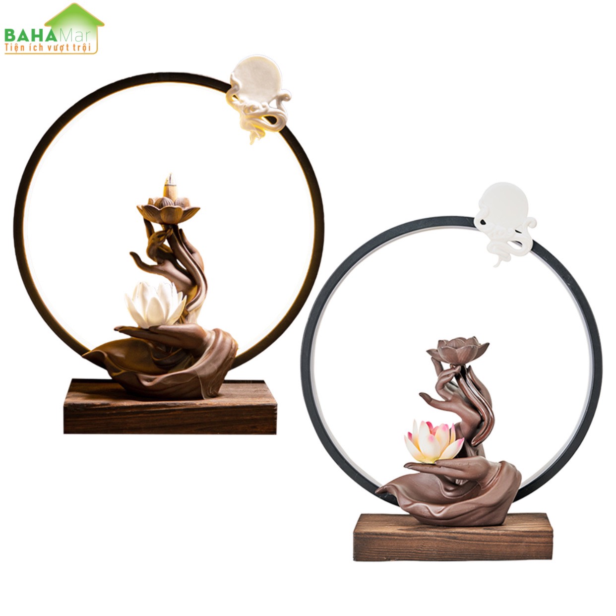 LƯ HƯƠNG VÒNG TRÒN ĐÈN LED PHONG CÁCH THIỀN - THÁC KHÓI TRẦM HƯƠNG CHẢY NGƯỢC BÀN TAY CẦM NHÀNH SEN "BAHAMAR" tạo không khí trong lành, tâm trạng tĩnh tại, làm giảm bớt lo lắng