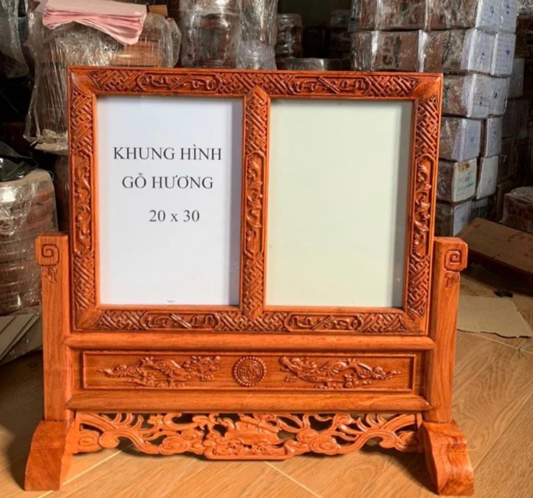 Khung hình thờ,khung hình đôi trạm gấm gỗ hương cao cấp 20x30 cm