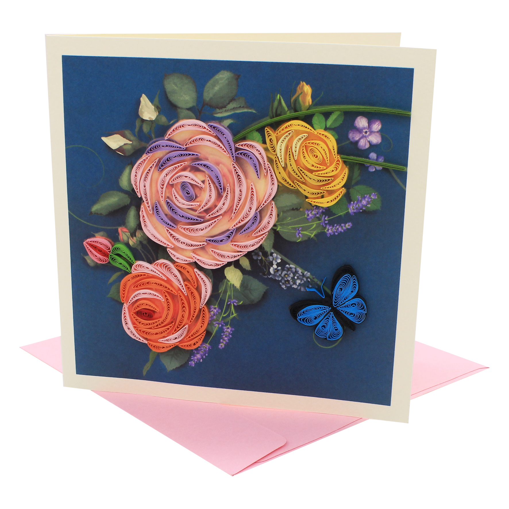 Thiệp Chúc Giấy Xoắn Thủ Công (Quilling Card) Vườn Hoa Hồng - Tặng Kèm Khung Giấy Để Bàn