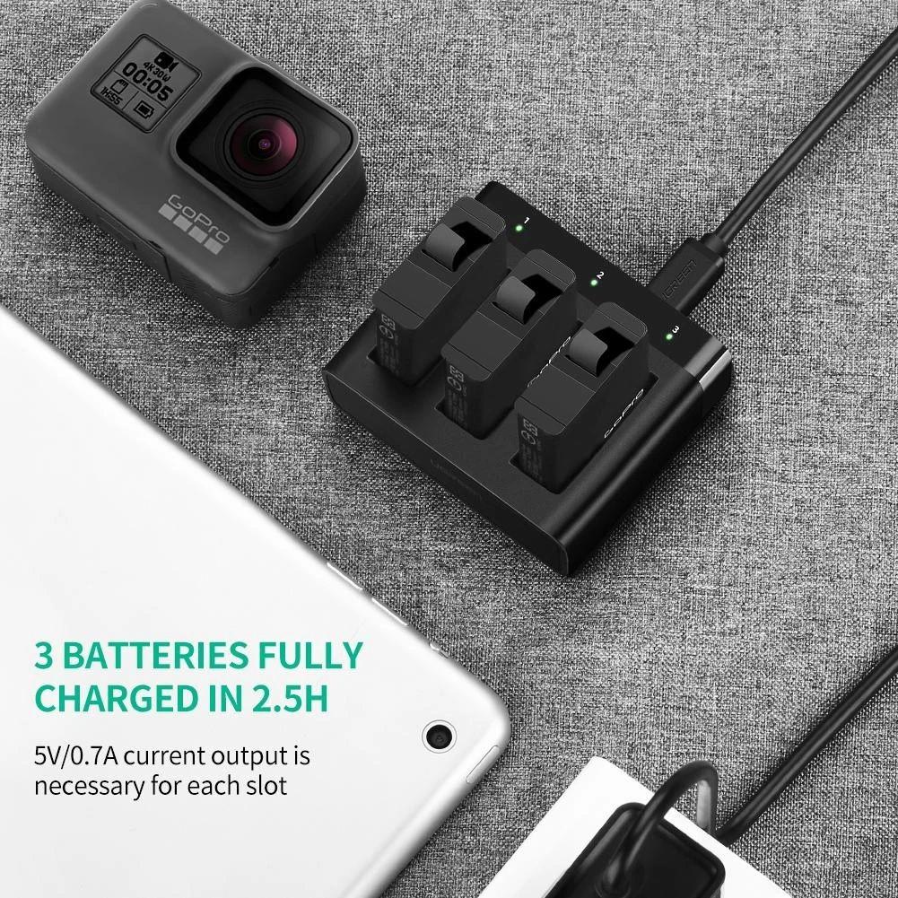 Ugreen UG40596ED005TK GoPro màu đen Bộ sạc nhanh 3 pin cho máy quay Go Pro kèm cáp USB mini - HÀNG CHÍNH HÃNG