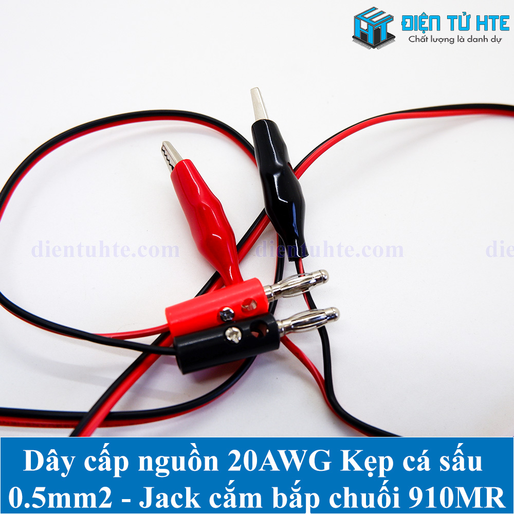 Dây cấp nguồn 20AWG 0.52mm2 đầu kẹp cá sấu 35mm - Jack cắm bắp chuối 910MR Đỏ+Đen