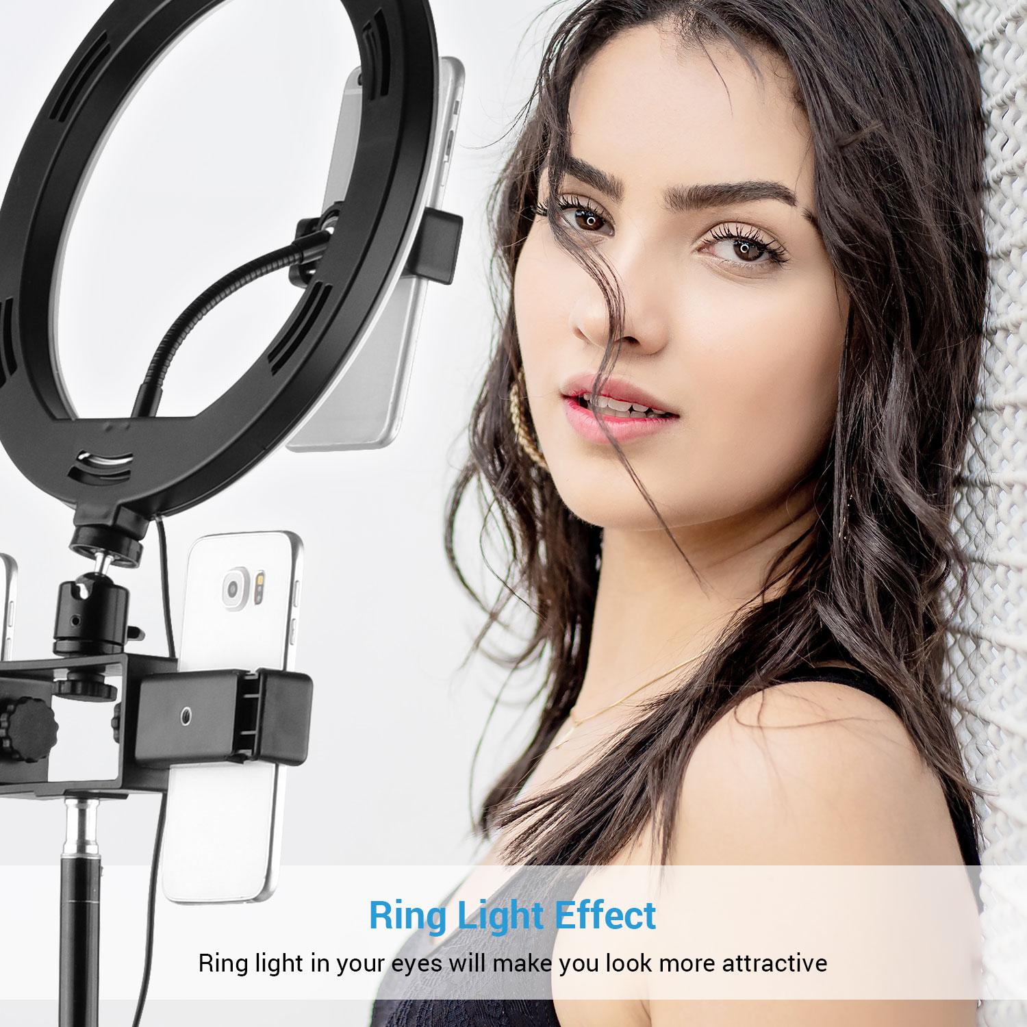 Bộ đèn vòng video 10 inch / 26cm 3 màu có thể thay đổi độ sáng 10 cấp 3200-5600K với đầu ba chân bóng Ba giá đỡ điện thoại