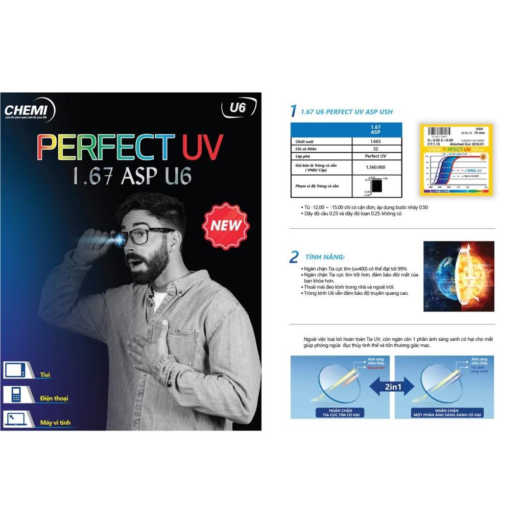 Tròng kính cắt ánh sáng xanh CHEMI U6 ASP PERFECT UV CRYSTAL U6 COATED chính hãng Hàn Quốc