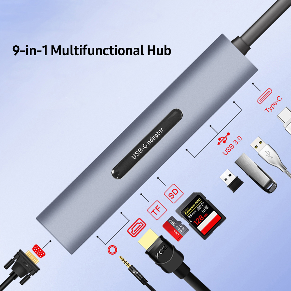 9 trong 1 Đa chức năng Type-C sang HD Hub PD Charge / HD (4K @ 30Hz) / VGA (1080P) / USB3.0 / SD TF Card Reader / 3.5mm Audio