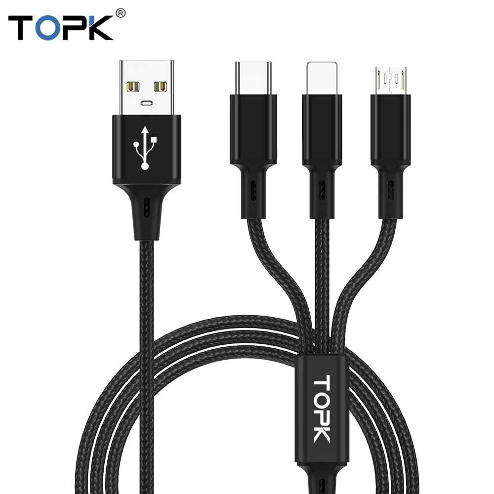 Dây cáp sạc chính hãng TOPK AN20 nhiều cổng sạc USB micro type C lightning 3 trong 1 cho điện thoại iPhone Samsung Huawei dài 1.2M (Dây cáp)