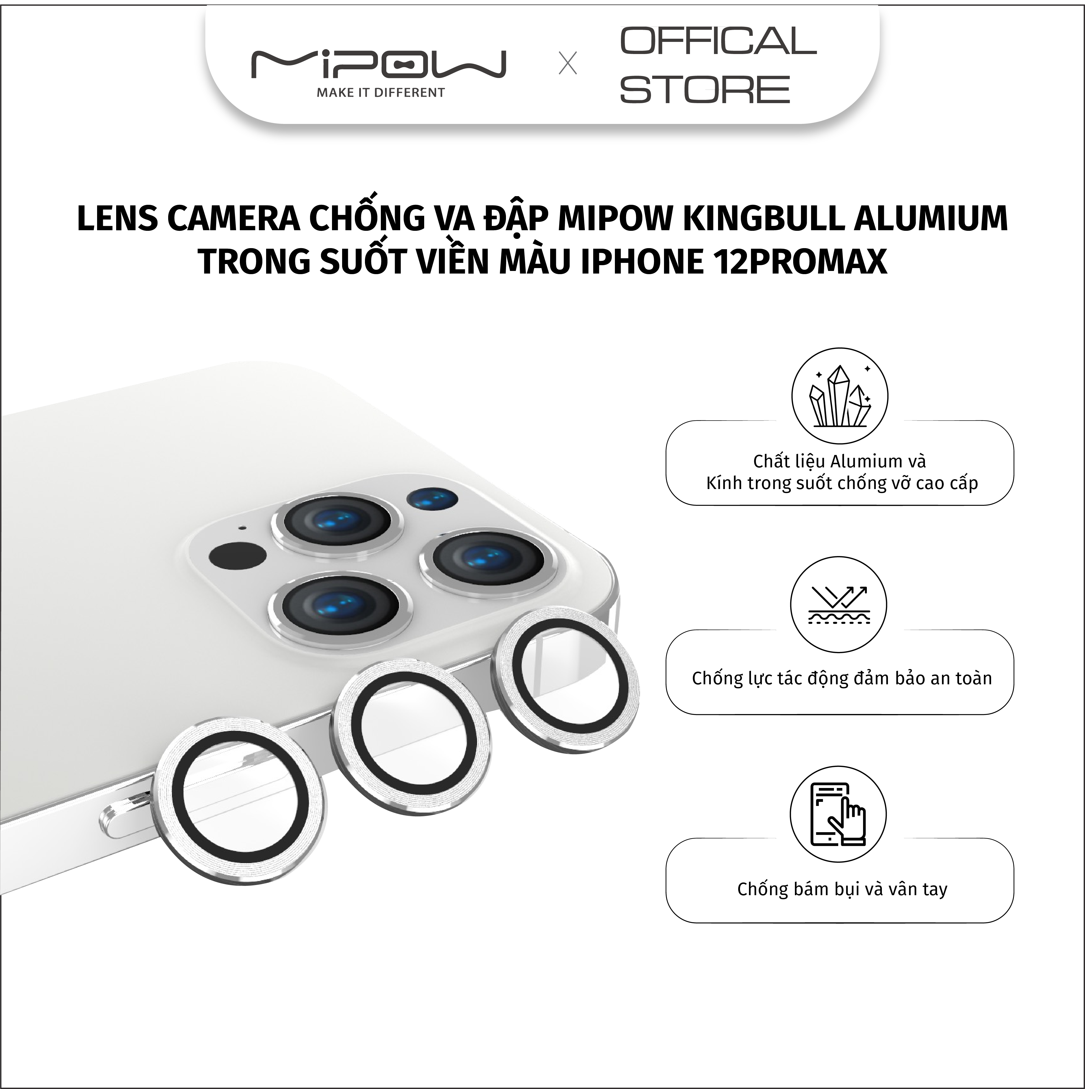 Dán cường lực bảo vệ camera iPhone 12 Pro/12 Pro Max MIPOW Alumium viền màu - Hàng Chính Hãng