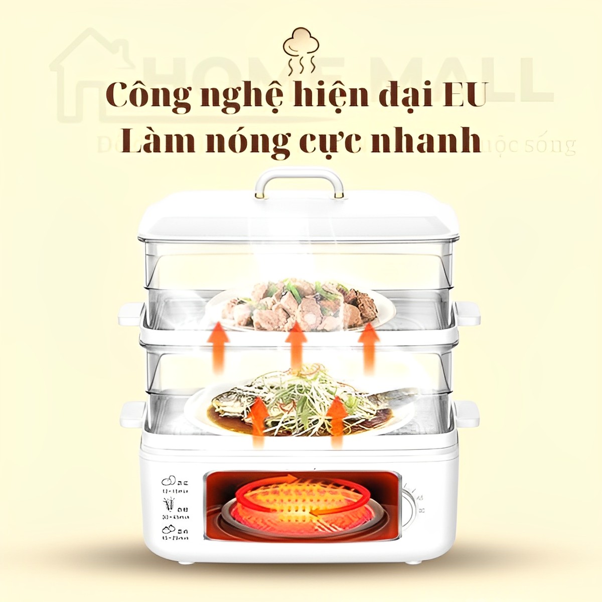 Nồi hấp điện đa năng cao cấp, dung tích 10L, công suất 800W, nồi hấp 2 tầng thông minh có chức năng hẹn giờ