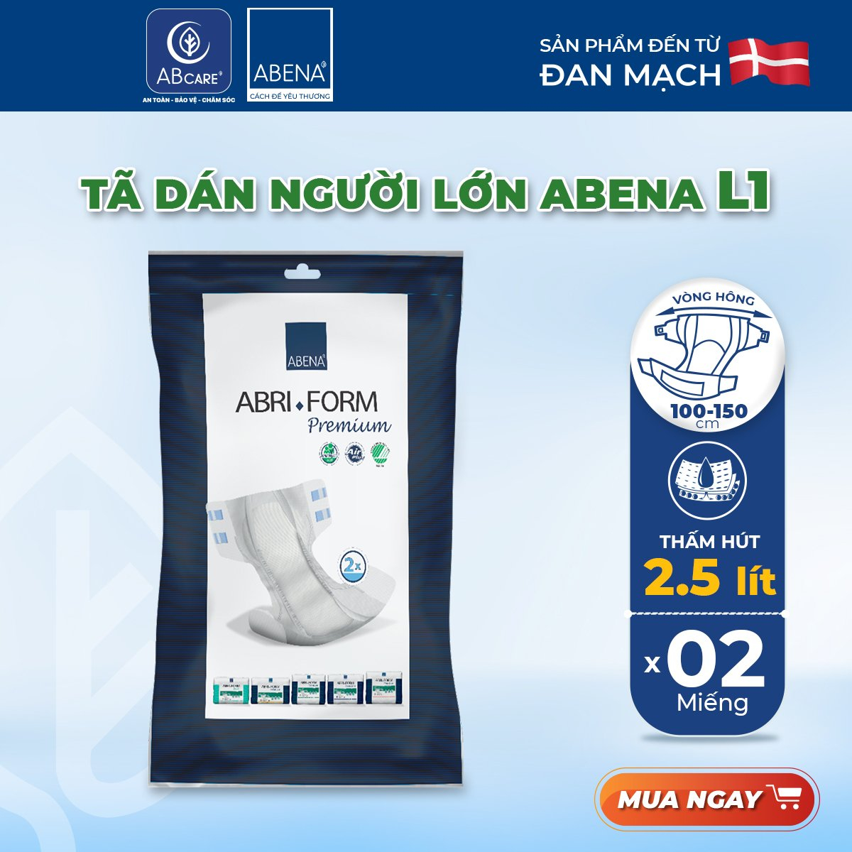 [Thấm hút 2000-2500ml] Tã dán người lớn, người già, sau sinh ABENA ABRI FORM PREMIUM nhập khẩu Đan Mạch (2 miếng)