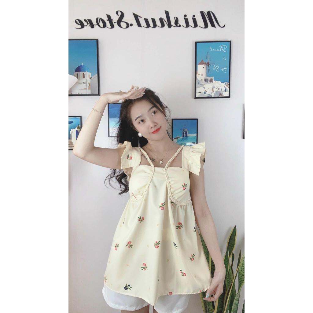 Set bộ nữ,Set bộ đùi quần ống rộng mix áo tay bèo mặc nhà, dạo phố siêu dễ thương