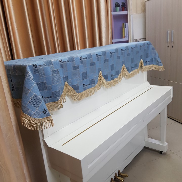 Khăn Phủ Đàn Piano màu xanh vải dày có họa tiết cao cấp