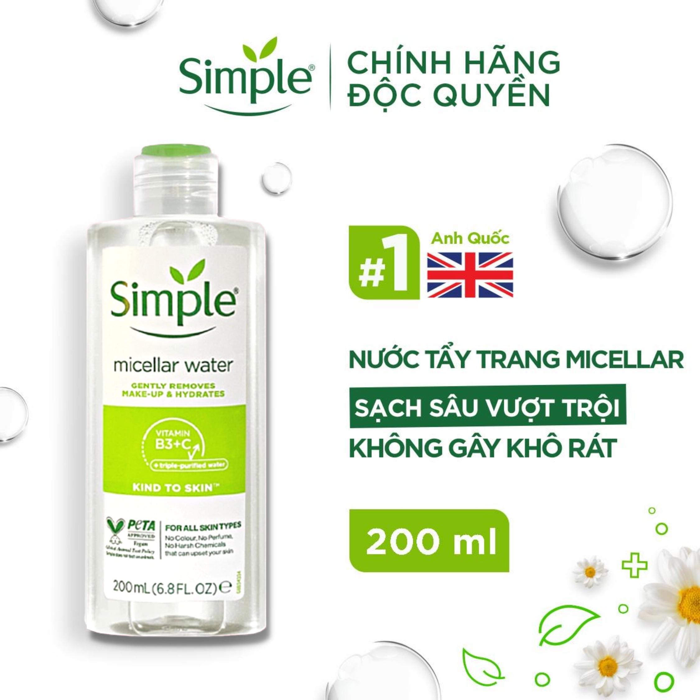 Nước Tẩy Trang Simple Micellar Cleansing Water Làm Sạch Trang Điểm Không Chứa Cồn 200ml