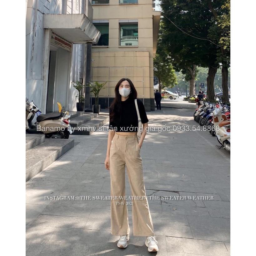 Quần ống loe cạp cao dài 100cm hack chân tôn dáng màu đen nâu kem thời trang Banamo Fashion 451