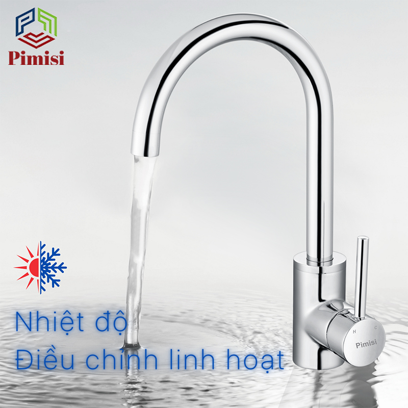 Vòi rửa bát nóng lạnh Pimisi đồng thau mạ xi Cr/Ni sáng bóng kiểu tròn điều chỉnh nhiệt độ bằng tay gật gù - kèm 2 sợi dây cấp nước dùng cho chậu rửa bát 1-2-3 hố trong nhà bếp - vòi nước rửa chén gắn chậu âm dương bàn đá quay 360 độ tăng áp | Chính hãng