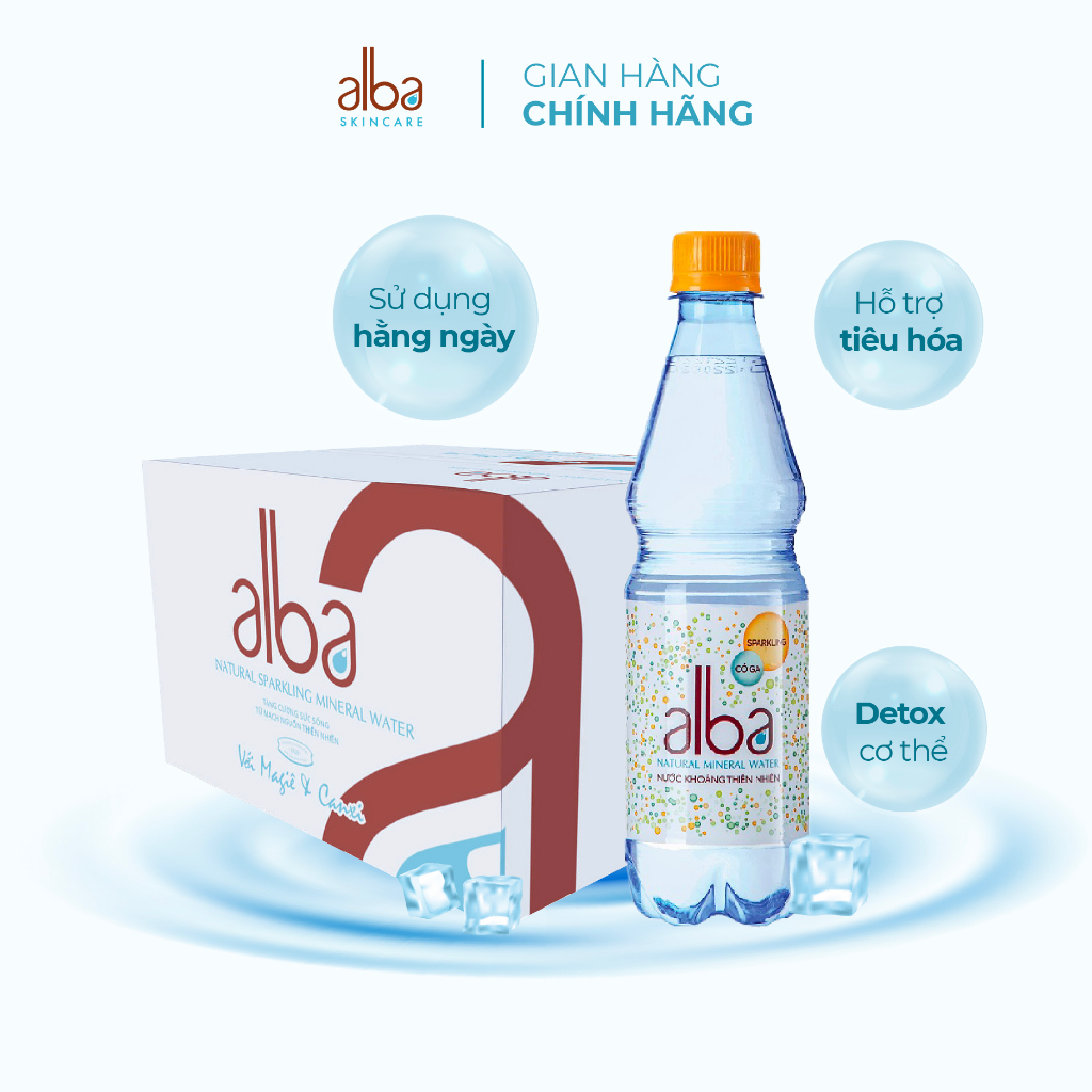 Thùng 24 chai nước khoáng thiên nhiên có ga Alba bổ sung Canxi Magie tốt cho sức khỏe 500ml