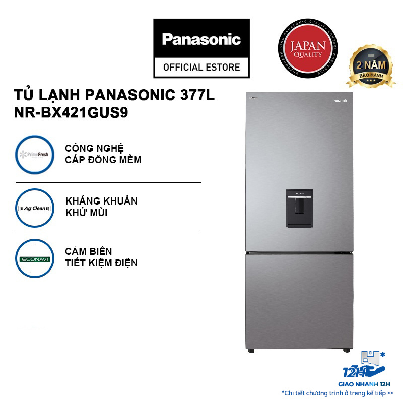 [Giao hàng Toàn quốc] Tủ lạnh Panasonic Ngăn đông mềm diệt khuẩn 377L NR-BX421GUS9 - Tiết kiệm điện với bộ đa cảm biến Econavi - Mặt thép - Hàng chính hãng