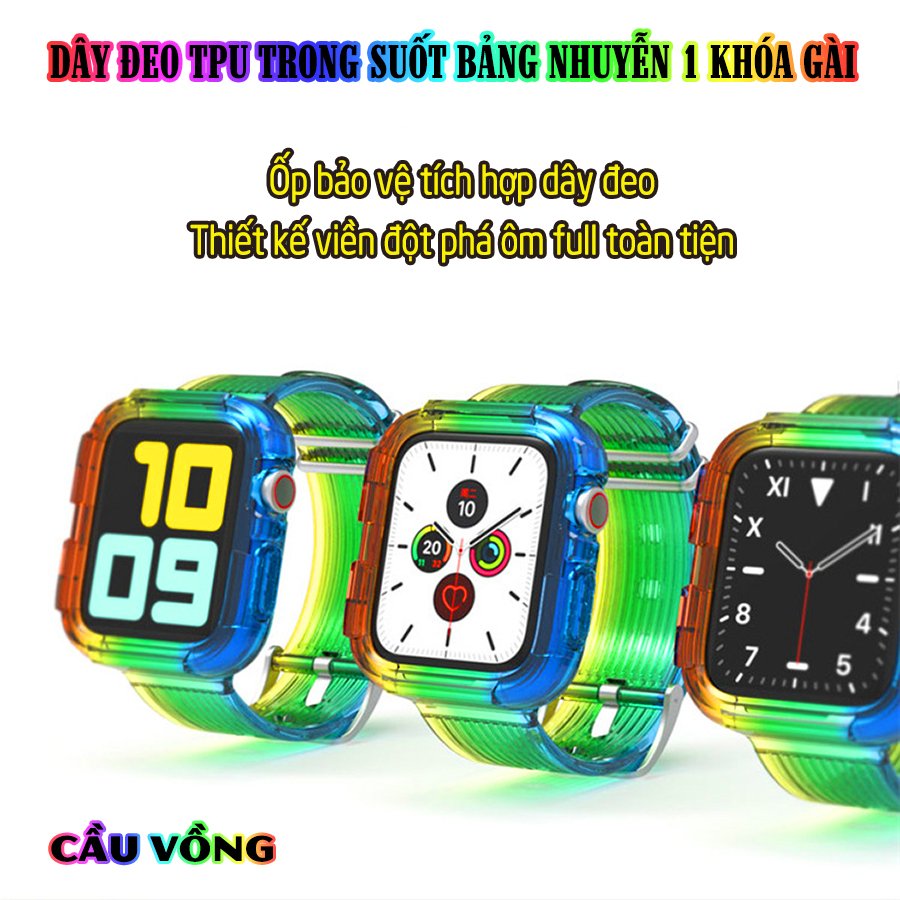 Dây Đeo liền ốp cho Apple Watch size 38/40/42/44mm TPU trong suốt nhuyễn 1 khóa gài_Cầu Vồng (tặng dán KCL theo size)