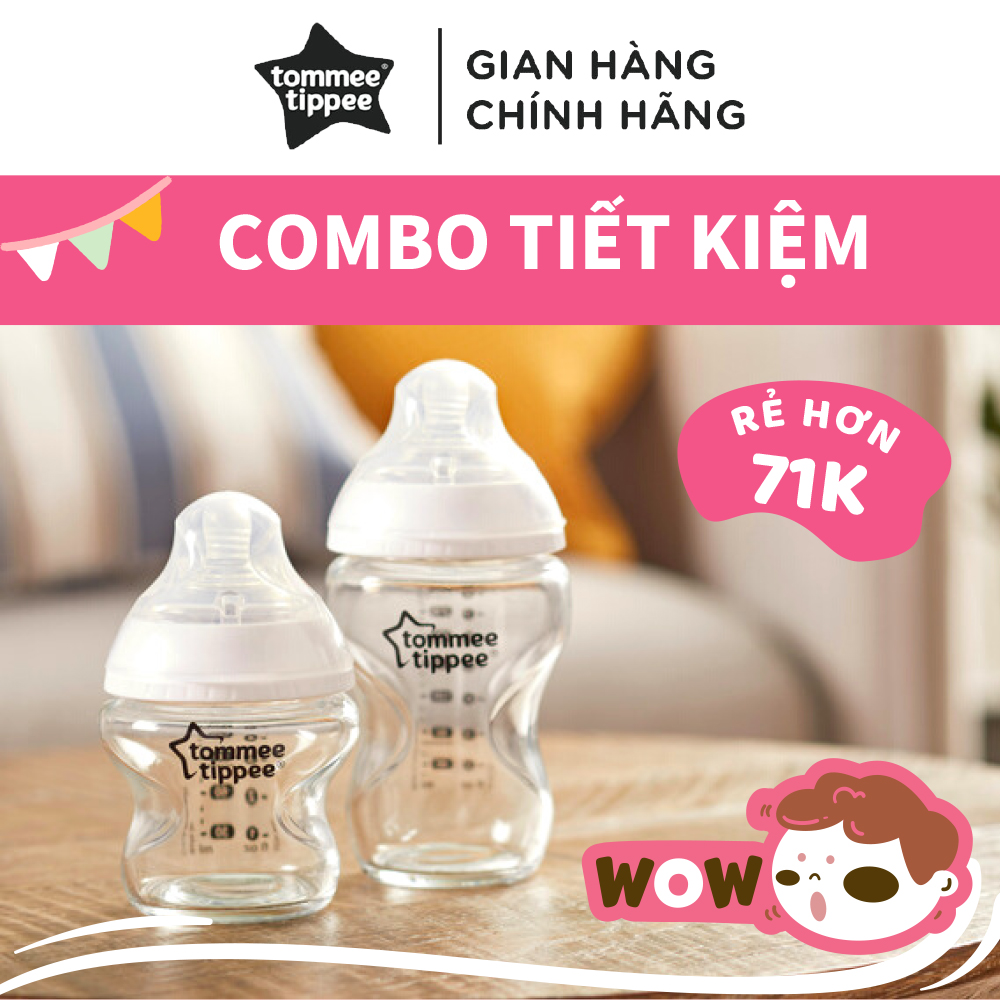 COMBO 2 Bình sữa thủy tinh ty siêu mềm tự nhiên Tommee Tippee Closer to Nature 150ml &amp; 250ml