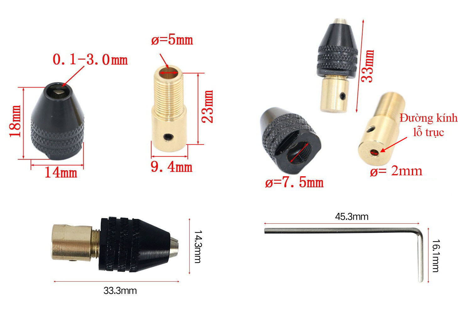 Đầu kẹp mũi khoan, khắc linh hoạt M7.5 kèm trục (mâm cặp)