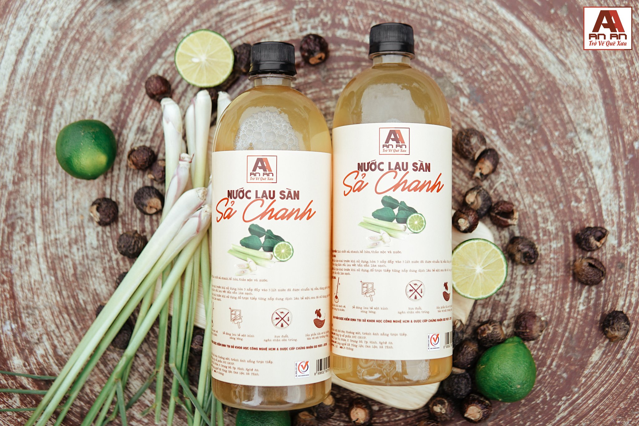 Combo 2 chai lau sàn sả chanh An An (1000ml/chai)| Xua đuổi kiến, muỗi, gián. Sàn nhà sạch bong thơm mát, An toàn trẻ nhỏ và phụ nữ mang bầu