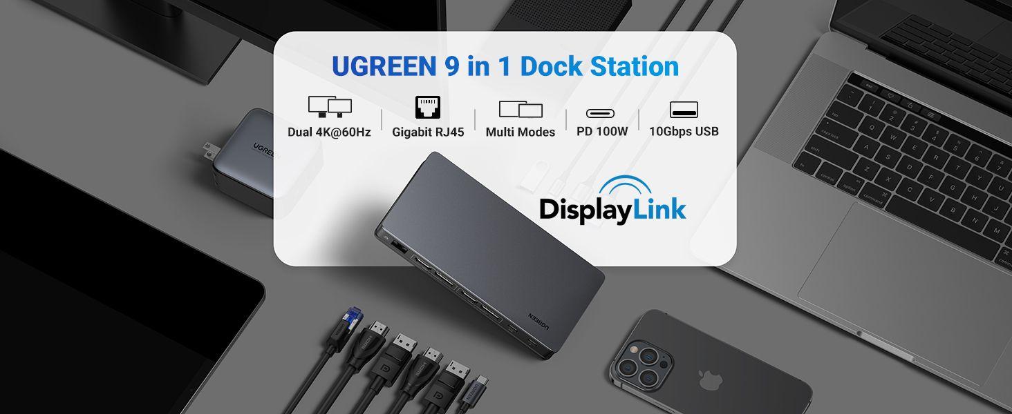 Ugreen UG90912CM615TK ra 2 x USB 3.1 + 1 x USB-C + 2 x HDMI + 2 x DP1 + RJ45 Gigabit + PD Bộ chuyển đổi USB type C - HÀNG CHÍNH HÃNG