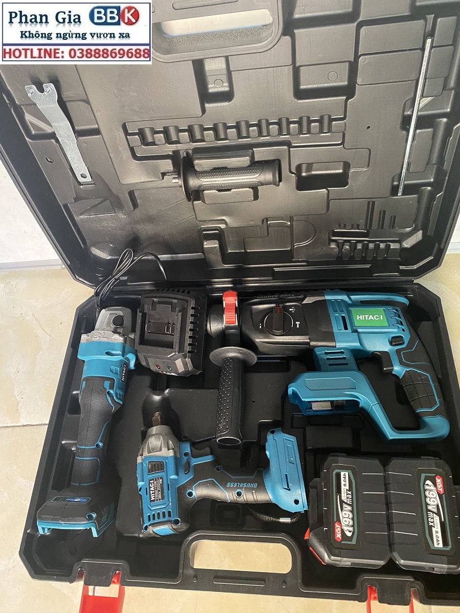 Bộ Combo 3 Trong 1 Gồm Máy Khoan Đục Bê Tông, Máy Mài Và Máy Siết Bulong Dùng Pin 199V, 2 Pin 15 Cell, Động Cơ Không Chổi Than 100% Lõi Đồng
