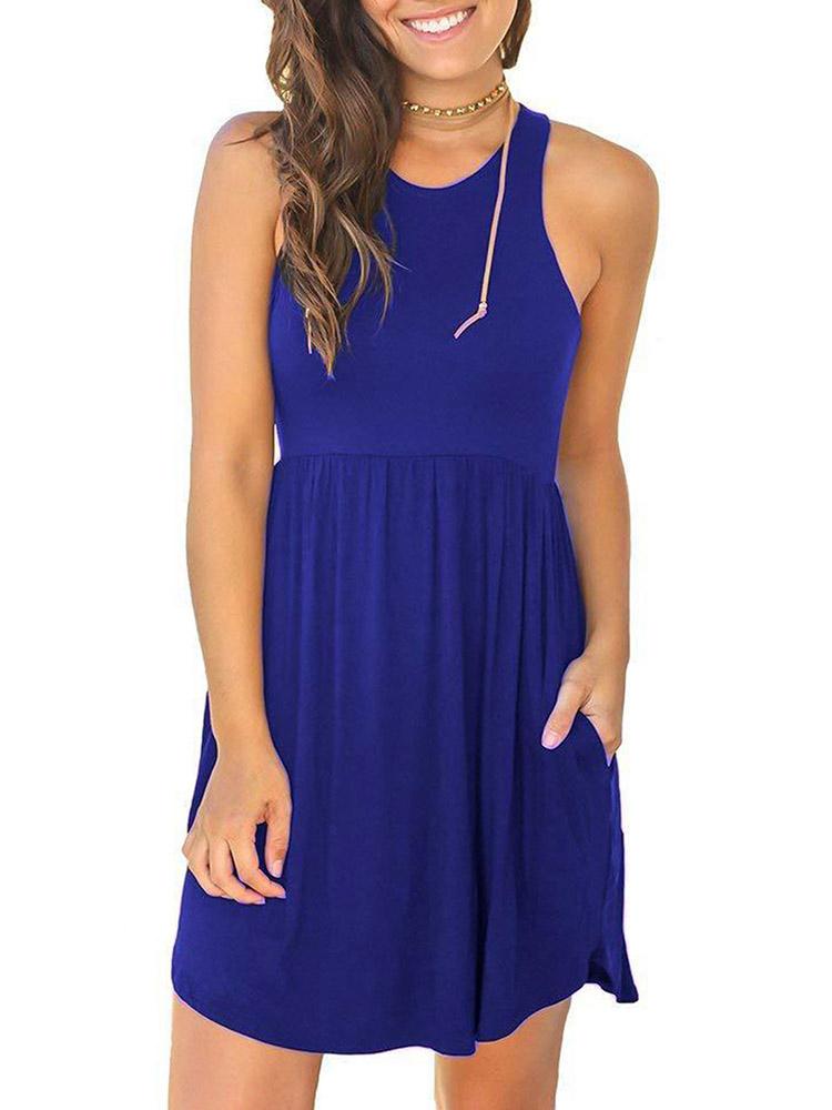 Women Solid Mini Dress with Pockets Sleeveless O-Neck Summer Casual Sundress