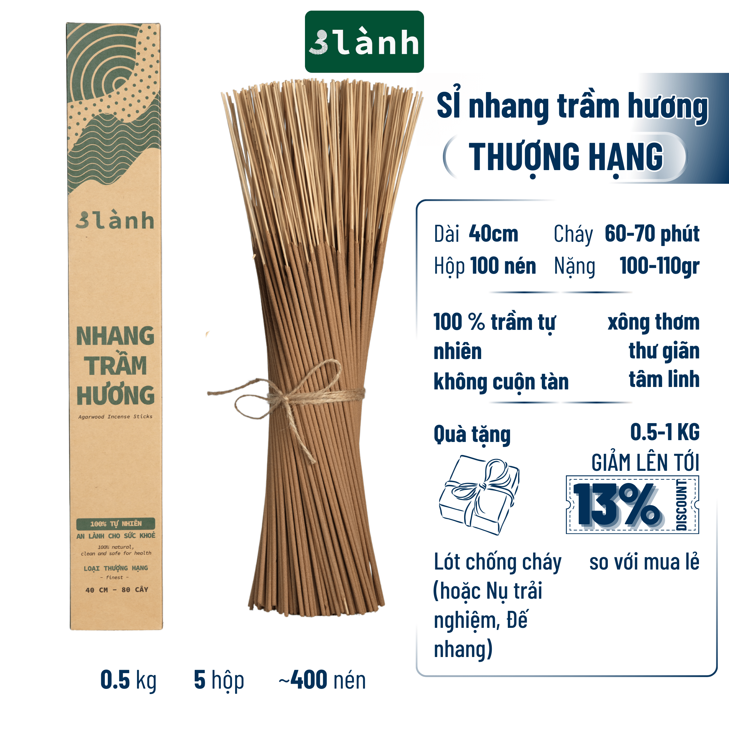 Nhang Trầm Hương 3 Lành Loại Thượng Hạng Dài 23-30-40cm 0.5kg Tự Nhiên 100% >15 Năm Thờ Cúng Tâm Linh Tài Lộc