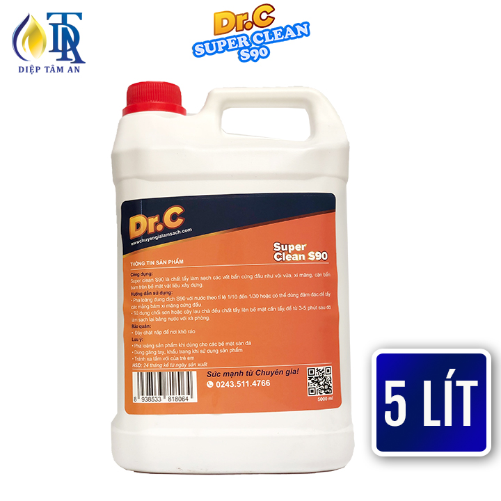 Tẩy Bồn Cầu Bị Ố Vàng,Tẩy Gạch Men,Tẩy Xi Măng,Nước Tẩy Nhà Vệ Sinh,Tẩy Rong Rêu Vôi Vữa Dr.C Super Clean S90 5 Lít
