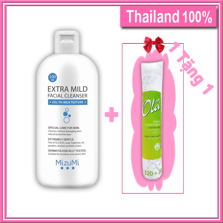 Combo Sữa Rửa Mặt Cho Da Nhạy Cảm MizuMi Extra 5 Free 100ml Thái Lan + Bông tẩy trang Ola 150 miếng Ba Lan