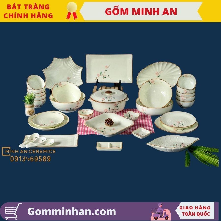 Bộ đồ ăn sứ Bát Tràng men kem 32 món men kem vẽ hoa đào hồng gốm Minh An Bát Tràng