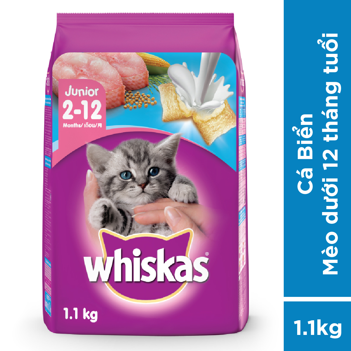 Thức ăn mèo con Whiskas vị cá biển &amp; sữa 1.1kg