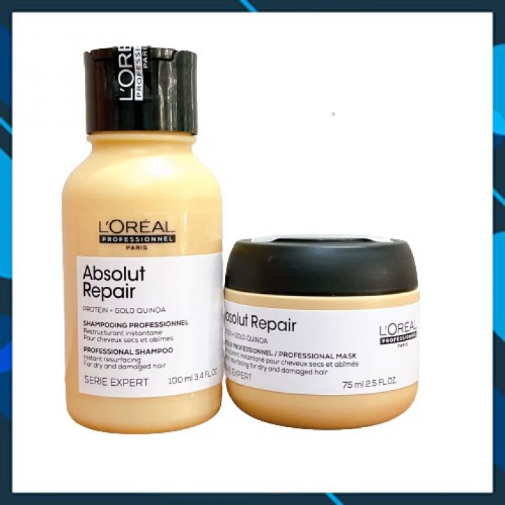 Bộ dầu gội ủ tóc L'oreal Serie Expert Absolut Repair Gold Quinoa phục hồi tóc hư tổn mềm mượt Travel Kit 100ml/75ml