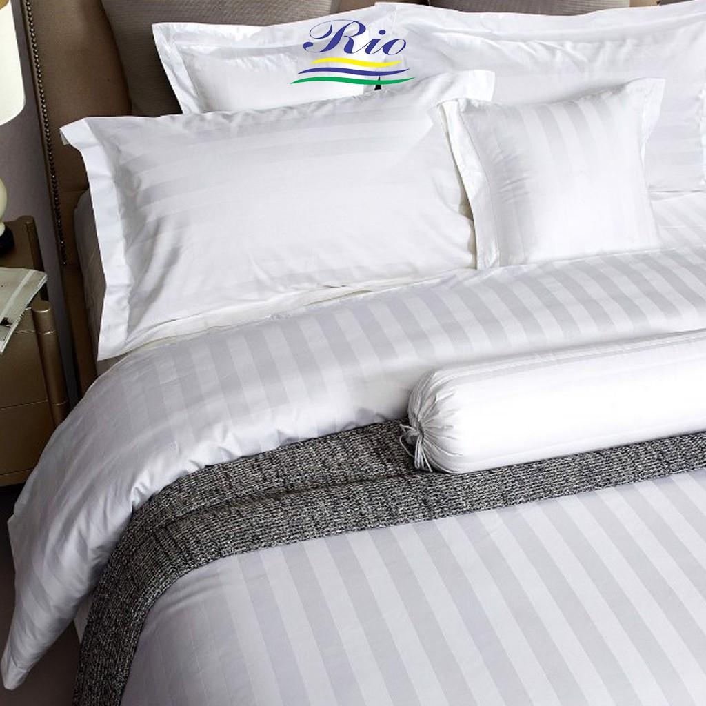 Bộ Drap Và 2 Vỏ Gối Trắng Sọc Riotex - Đủ Kích Thước Cho Khách Sạn, Nhà Nghỉ
