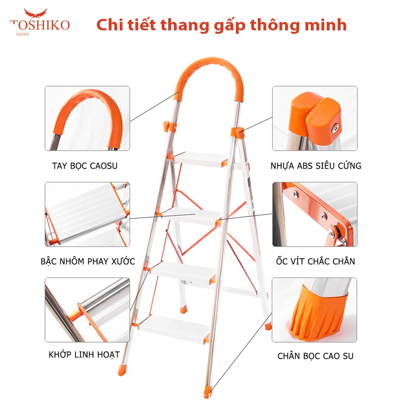 Thang Nhôm Ghế Tay Vịn 3,4,5,6,7 bậc chính hãng Toshiko Nhật Bản Bảo Hành 3 Năm