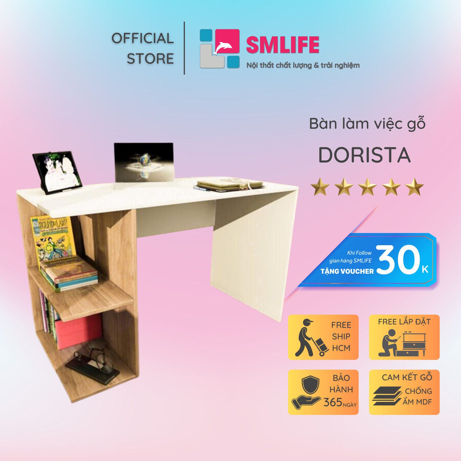 Bàn làm việc, bàn học gỗ hiện đại SMLIFE Dorista  | Gỗ MDF dày 17mm chống ẩm | D120xR60xC75cm