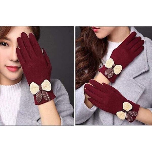 Găng tay nữ đính nơ lót lông cảm ứng điện thoại siêu đẹp ấm áp