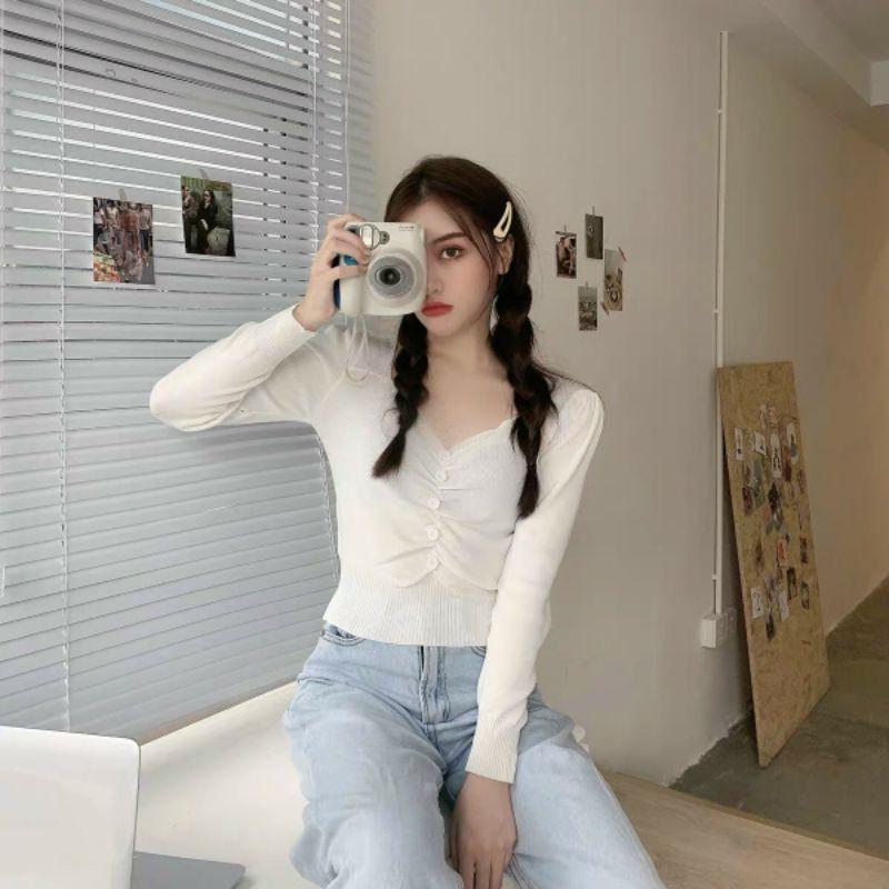 ÁO KIỂU THUN PHỐI NÚT TRƯỚC DÀI TAY