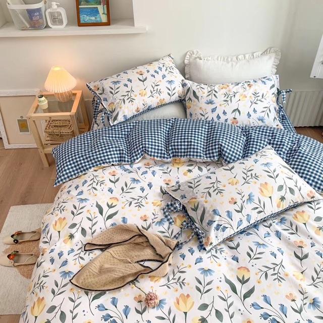 Set Chăn Ga Gối Cotton Dây Nơ Hàn Quốc Hàng Nhập Khẩu Cao Cấp 4 Món Hoa Xanh