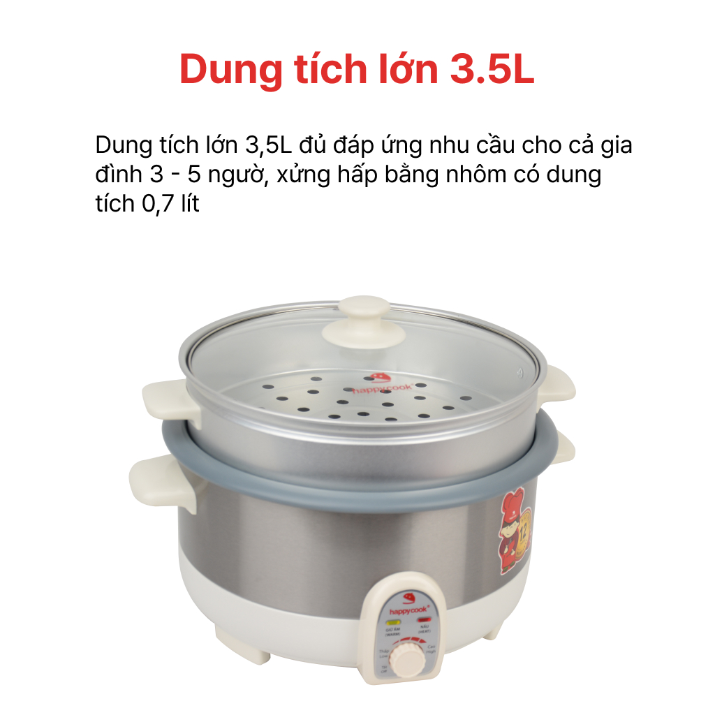Nồi Lẩu Điện Có Xửng Happy Cook HCHP-350ST (3.5L) - Hàng Chính Hãng