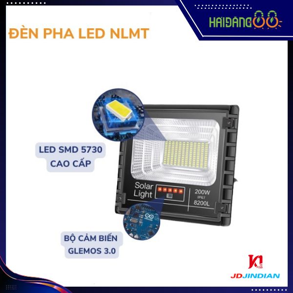 Đèn pha led năng lượng mặt trời 200w chính hãng JINDIAN JD-8200L Chip Led SMD ,Khung  Nhôm