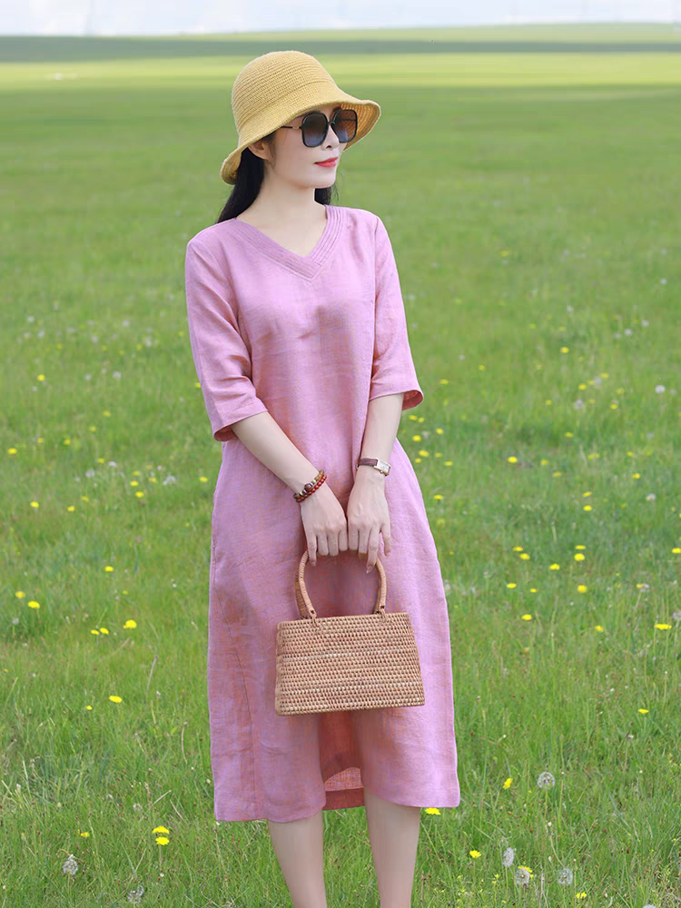 Đầm linen dáng suông, váy linen nữ cổ tim ngắn tay trơn basic, chất liệu linen mềm mát mặc hè Đũi Việt
