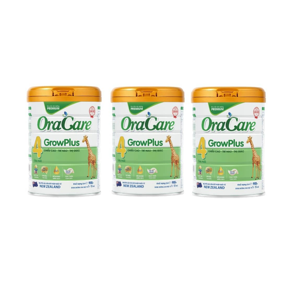 Combo 3 lon sữa OraCare Growplus lon 900g - Giúp phát triển chiều cao, Trí não, Thị giác, dành cho trẻ từ 1-10 tuổi