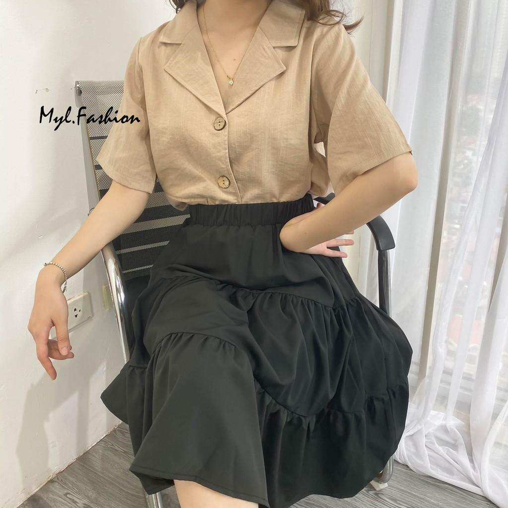 Áo sơ mi kiểu nữ cộc tay cổ vest viền chỉ freesize, Áo sơ mi nữ ngắn tay thô đũi - myl.fashion