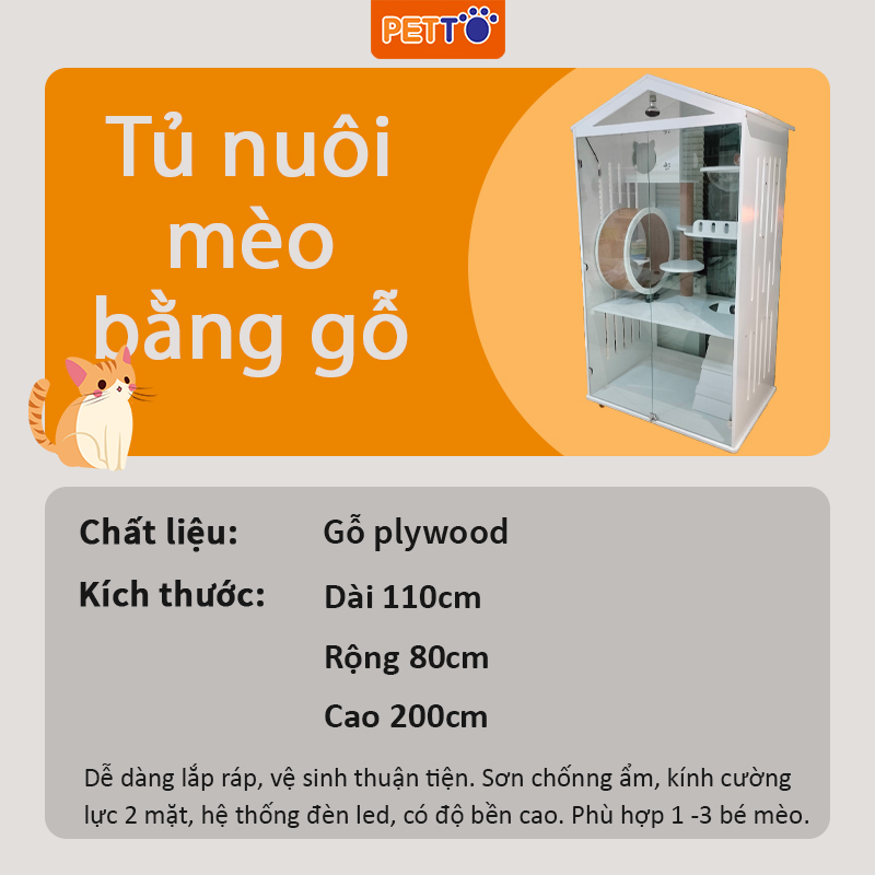 Tủ nuôi mèo bằng GỖ + cửa kính cường lực trong suốt SANG TRỌNG 2 tầng kết hợp BÁNH XE CHẠY BỘ cho mèo CC047