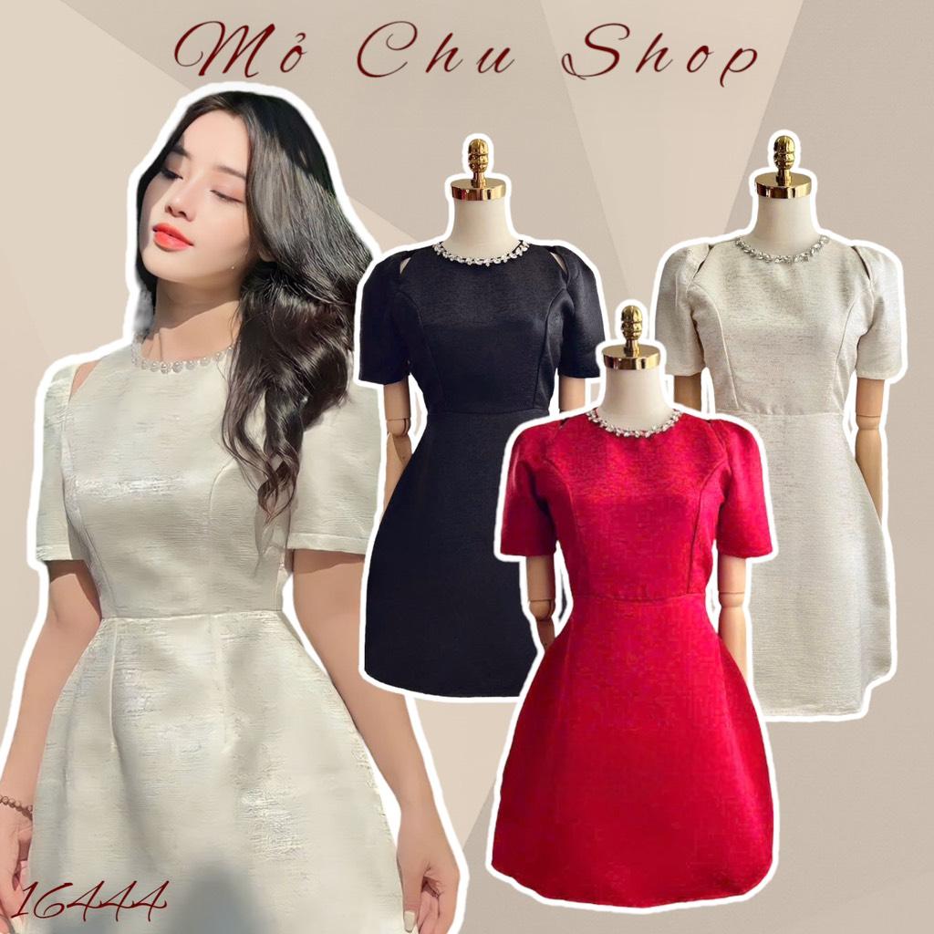 Đầm xòe vân đá cổ viền