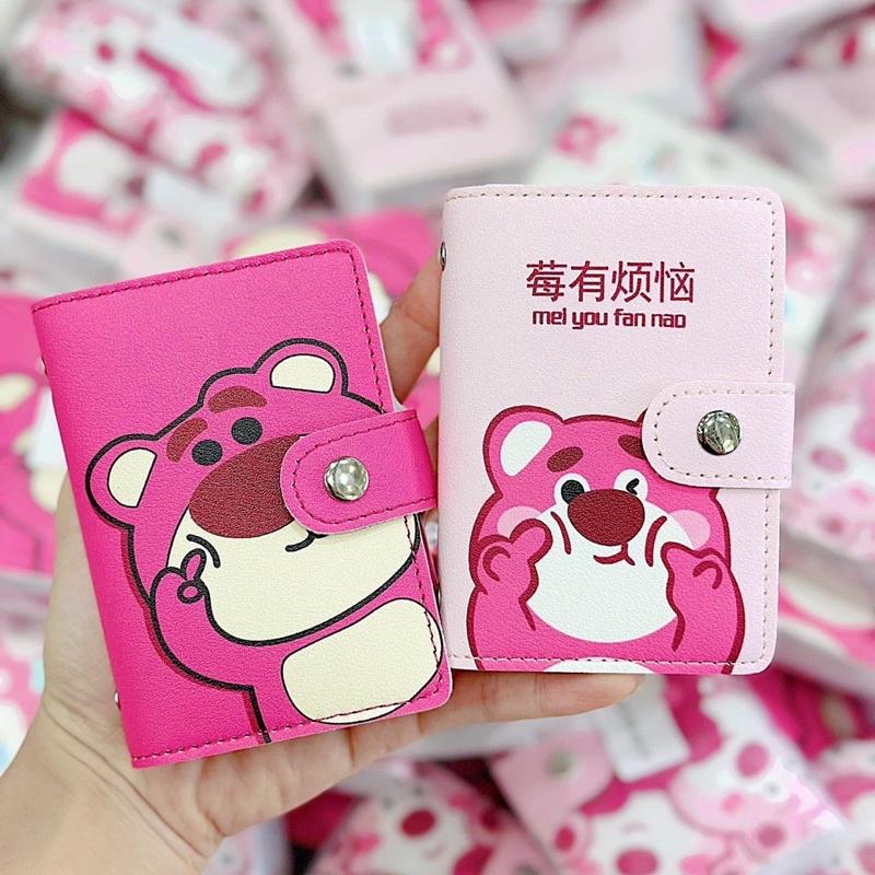 Ví gấu dâu nhiều ngăn đựng thẻ, card, CMND đa năng có khoá bấm - Ví ngắn gấu losto hồng cute