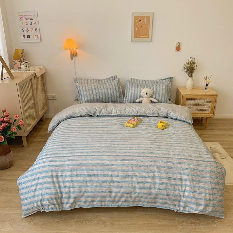 Bộ chăn ga gối Cotton poly M2T Bedding Xanh dương sọc, vỏ chăn mền, drap nệm và 2 vỏ gối